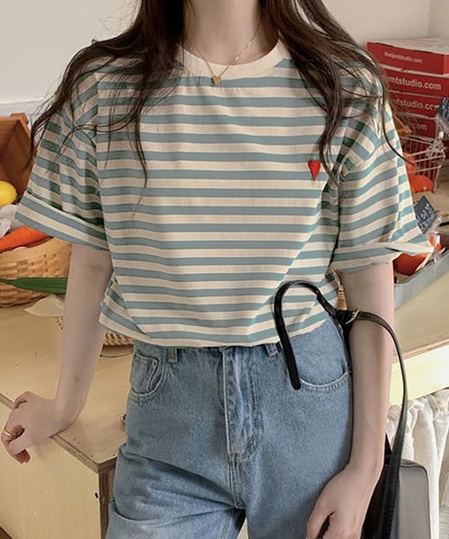 Bifrost(ビフレスト)の「ハートのロゴがポイント。クルーネックカラーボーダーTシャツ(Tシャツ/カットソー・レディース・イエロー/グリーン/グレー/ブラウン/ライトベージュ/ミント/ネイビー/ライトブルー/ライトイエロー/ライトピンク・FREE)」の6枚目の写真