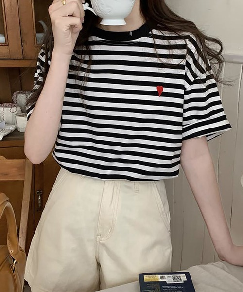 Bifrost(ビフレスト)の「ハートのロゴがポイント。クルーネックカラーボーダーTシャツ(Tシャツ/カットソー・レディース・イエロー/グリーン/グレー/ブラウン/ライトベージュ/ミント/ネイビー/ライトブルー/ライトイエロー/ライトピンク・FREE)」の12枚目の写真