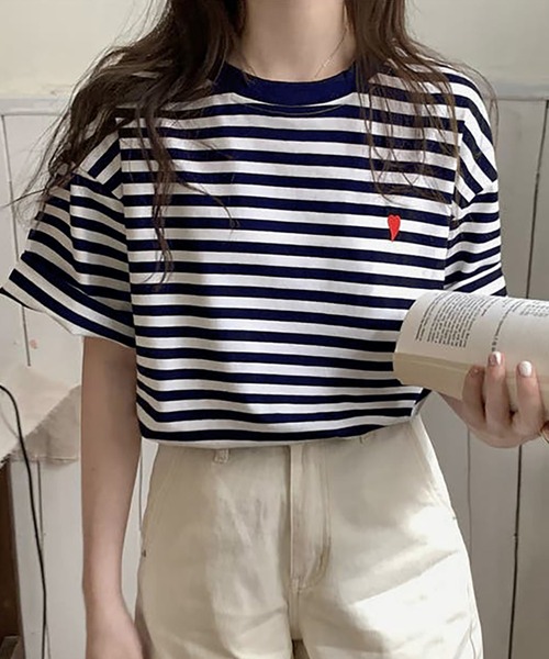 Bifrost(ビフレスト)の「ハートのロゴがポイント。クルーネックカラーボーダーTシャツ(Tシャツ/カットソー・レディース・イエロー/グリーン/グレー/ブラウン/ライトベージュ/ミント/ネイビー/ライトブルー/ライトイエロー/ライトピンク・FREE)」の15枚目の写真