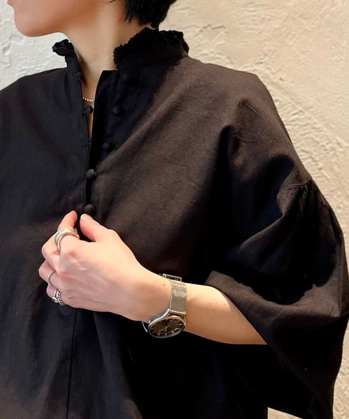 JOURNAL STANDARD◆長袖ブラウス/--/コットン/BLK/無地/24050440007010/CLワッシャー フリルブラウス JOURNAL STANDARD LUXE ブラウス シャツ 「追加」CLワッシャー