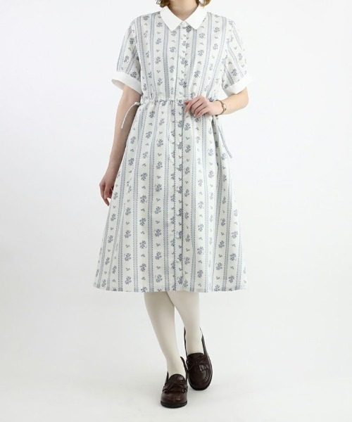F i.n.t（フィント）の「ストライプ花柄ドロストシャツワンピース（シャツワンピース・レディース・ホワイト×ブルー/ホワイト×グリーン・FREE）」の9枚目の写真