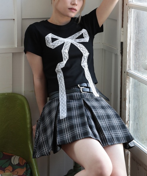 HOOK（フック）の「【HOOK】for girls　レースリボン半袖TEE (SS)（Tシャツ/カットソー・レディース・ライトブルー/ブラック・M/S/L）」の2枚目の写真