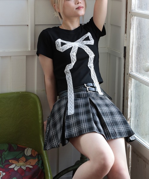 HOOK（フック）の「【HOOK】for girls　レースリボン半袖TEE (SS)（Tシャツ/カットソー・レディース・ライトブルー/ブラック・M/S/L）」の7枚目の写真