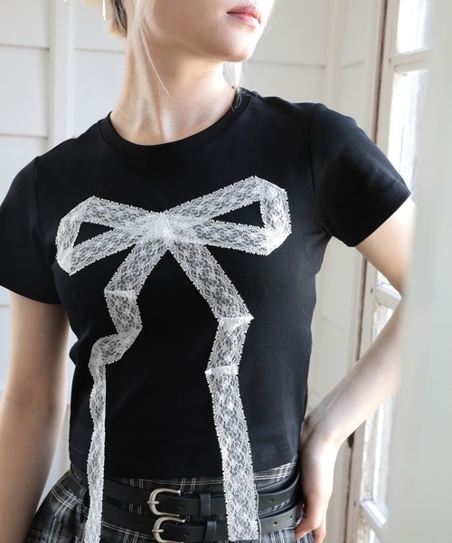 HOOK（フック）の「【HOOK】for girls　レースリボン半袖TEE (SS)（Tシャツ/カットソー・レディース・ライトブルー/ブラック・M/S/L）」の10枚目の写真