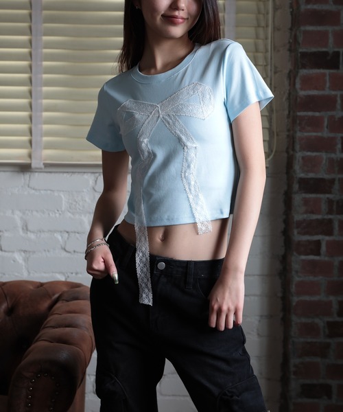 HOOK（フック）の「【HOOK】for girls　レースリボン半袖TEE (SS)（Tシャツ/カットソー・レディース・ライトブルー/ブラック・M/S/L）」の12枚目の写真