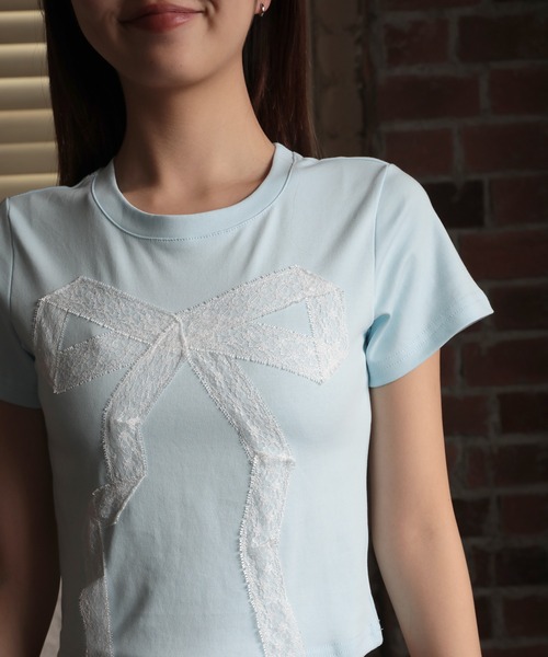 HOOK（フック）の「【HOOK】for girls　レースリボン半袖TEE (SS)（Tシャツ/カットソー・レディース・ライトブルー/ブラック・M/S/L）」の14枚目の写真