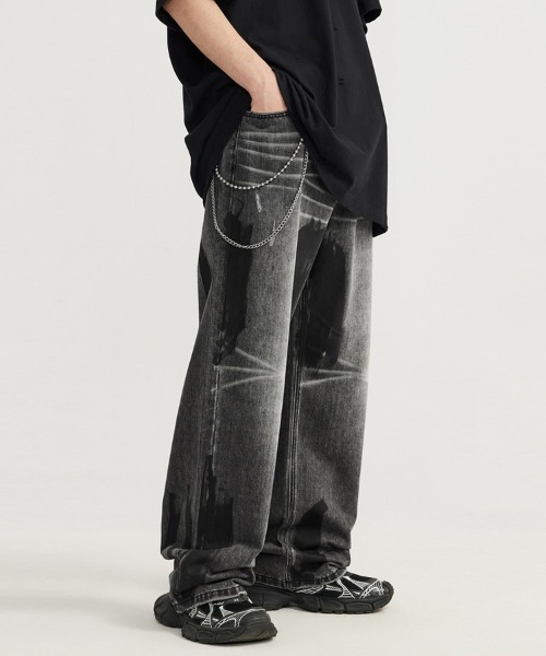 ペイント加工 ワイドデニム DENIM & DUNGAREE ペイント加工 ワイド