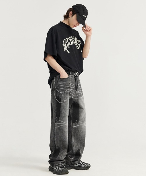 Ressaca（レサーカ）の「ペイント加工ワイドブラックデニムパンツ