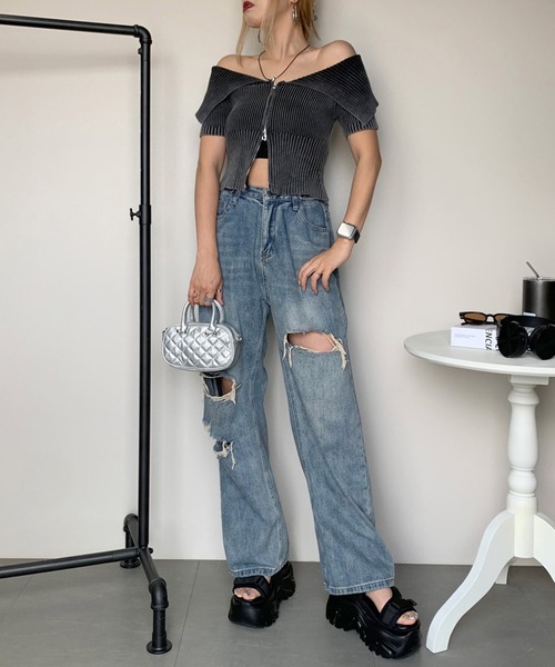 non-hedge（ノンヘッジ）の「ダブルジップ付ブリーチクロップド丈オフショルニットトップス（ニット/セーター・レディース・ブラウン/ブルー/ブラック/カーキ・FREE）」の10枚目の写真