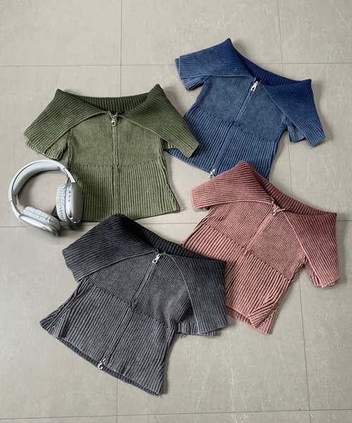 non-hedge（ノンヘッジ）の「ダブルジップ付ブリーチクロップド丈オフショルニットトップス（ニット/セーター・レディース・ブラウン/ブルー/ブラック/カーキ・FREE）」の13枚目の写真