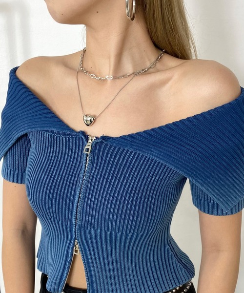 non-hedge（ノンヘッジ）の「ダブルジップ付ブリーチクロップド丈オフショルニットトップス（ニット/セーター・レディース・ブラウン/ブルー/ブラック/カーキ・FREE）」の22枚目の写真