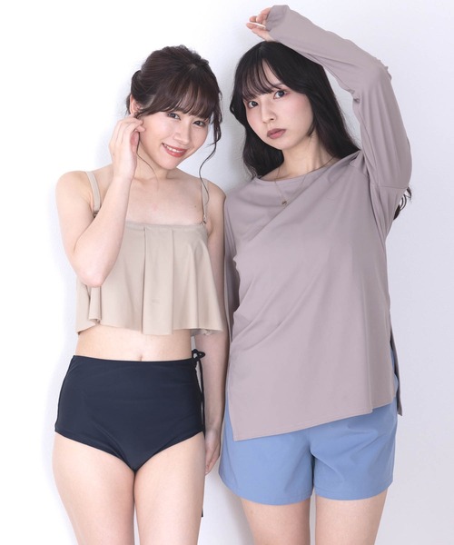 TODAYFUL ブラウン リブタンクハイウエストショーツ 水着セット Mサイズ セール】フリルタンキニ レディース水着4点セット [ラッシュ