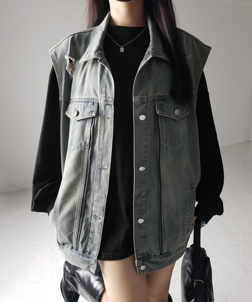 アメリヴィンテージ　ボアベストデニムジャケット　M 2color 】ヴィンテージライクダメージオーバーデニムベスト