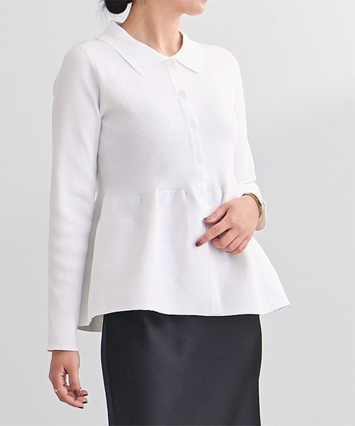 UR'S（ユアーズ）の「ウエストペプラムポロニットカーディガン（カーディガン/ボレロ・レディース・ネイビー/イエロー/ホワイト/ライトブルー/グレイッシュベージュ/ミント・S/M/L）」の2枚目の写真