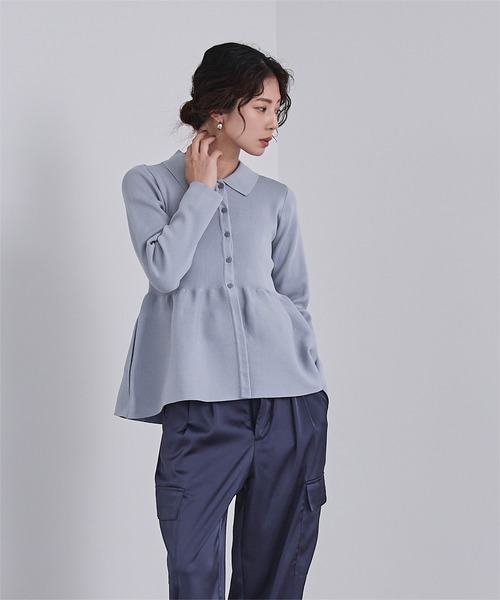 UR'S（ユアーズ）の「ウエストペプラムポロニットカーディガン（カーディガン/ボレロ・レディース・ネイビー/イエロー/ホワイト/ライトブルー/グレイッシュベージュ/ミント・S/M/L）」の4枚目の写真