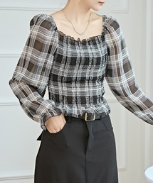 2WAY チェック柄 シャーリング クロップド トップス