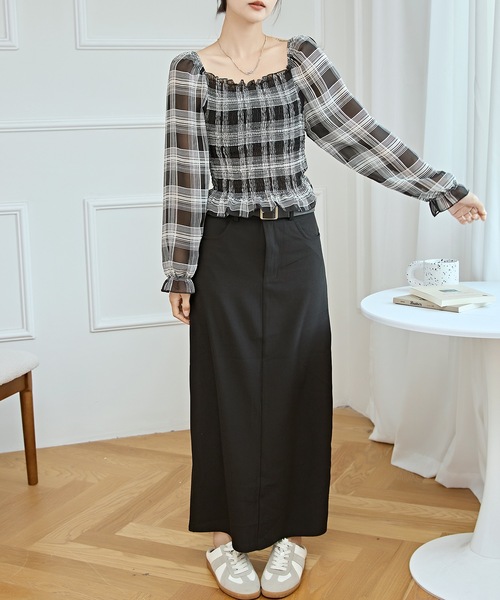 Lace Ladies(レースレディース)の「2WAY チェック柄 シャーリング クロップド トップス(シャツ/ブラウス・レディース・ブラック・S/M/XL)」の3枚目の写真