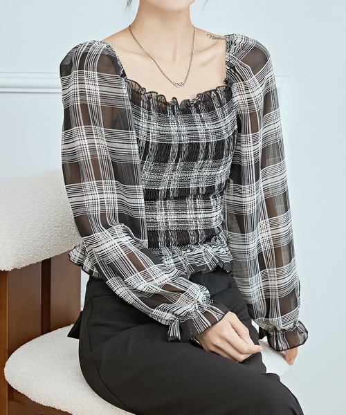 Lace Ladies(レースレディース)の「2WAY チェック柄 シャーリング クロップド トップス(シャツ/ブラウス・レディース・ブラック・S/M/XL)」の6枚目の写真