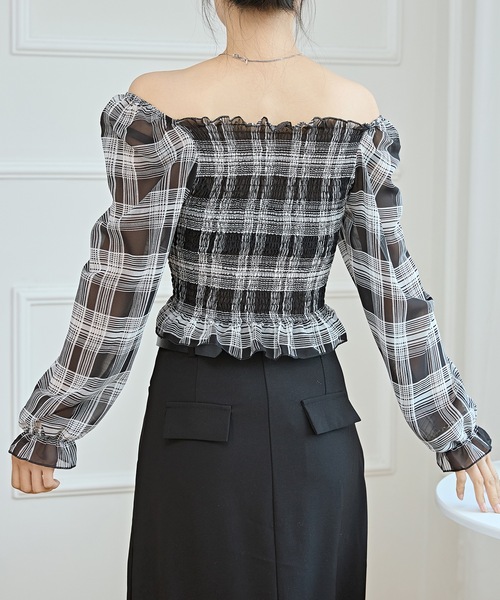 Lace Ladies(レースレディース)の「2WAY チェック柄 シャーリング クロップド トップス(シャツ/ブラウス・レディース・ブラック・S/M/XL)」の9枚目の写真