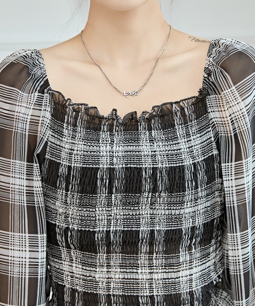 Lace Ladies(レースレディース)の「2WAY チェック柄 シャーリング クロップド トップス(シャツ/ブラウス・レディース・ブラック・S/M/XL)」の11枚目の写真
