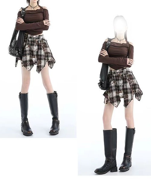 gossip!ロサンゼルス(ゴシップロサンゼルス)の「チェック柄 アシンメトリープリーツミニスカート ベルト付き インナーショーツ一体型 レディース Y2K ストリート(スカート・レディース・モカ/ブラック・S/M)」の8枚目の写真
