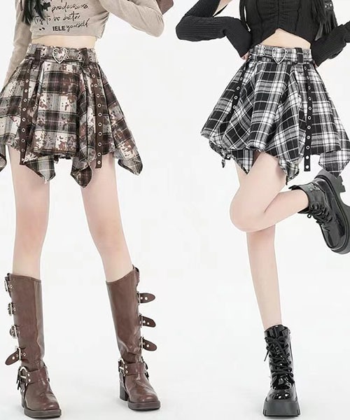 gossip!ロサンゼルス(ゴシップロサンゼルス)の「チェック柄 アシンメトリープリーツミニスカート ベルト付き インナーショーツ一体型 レディース Y2K ストリート(スカート・レディース・モカ/ブラック・S/M)」の22枚目の写真