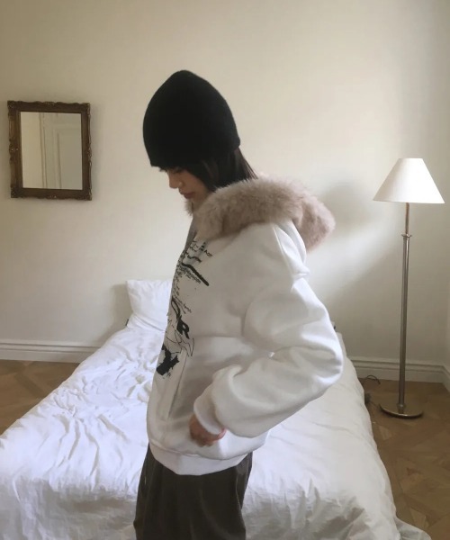 【セール】Y2K 裏起毛エコファーフードレタリングジップパーカー（パーカー）｜gossip！ロサンゼルス（ゴシップロサンゼルス）