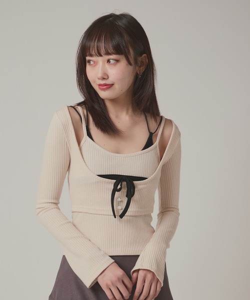 BLANK (ブランク)の「▲Front Ribbon layered Tops / フロントリボン重ね着トップス(Tシャツ/カットソー・レディース・ホワイト・FREE)」の1枚目の写真