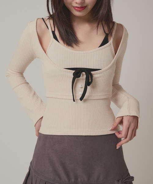 BLANK (ブランク)の「▲Front Ribbon layered Tops / フロントリボン重ね着トップス(Tシャツ/カットソー・レディース・ホワイト・FREE)」の4枚目の写真