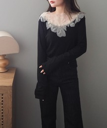 sheer flower cut pullover /フラワーモチーフ シアー切り替え 長袖 プルオーバー