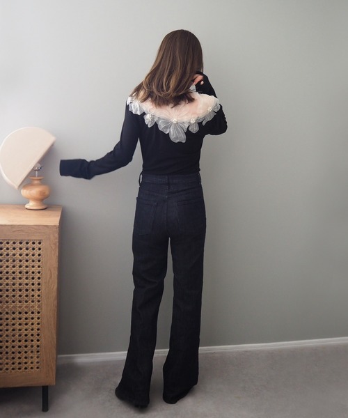 LAULEN（ローレン）の「sheer flower cut pullover /フラワーモチーフ シアー切り替え 長袖 プルオーバー（Tシャツ/カットソー・レディース・ブラック/アイボリー・FREE）」の13枚目の写真