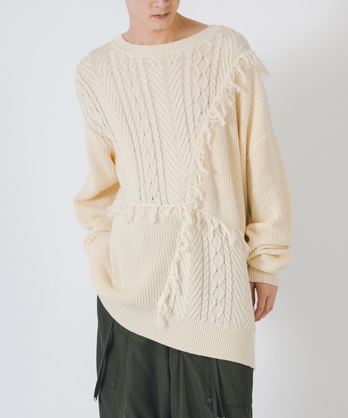 RE730（アールイーセブンサーティー）の「可愛いフリンジニット（ニット/セーター・メンズ・アイボリー/ターコイズブルー/ブラック・LARGE/MEDIUM）」の2枚目の写真