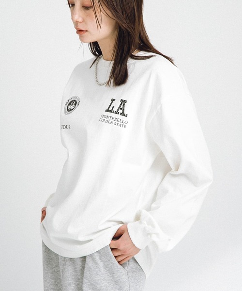 URBAN RESEARCH Sonny Label（アーバンリサーチサニーレーベル）の「カレッジロゴプリントロングTシャツ（Tシャツ/カットソー・レディース・オフホワイト/ピンク/スミクロ・FREE）」の2枚目の写真