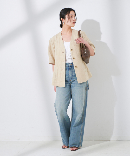 セール】《追加》リネンキャンバスフレアジャケット（ノーカラー