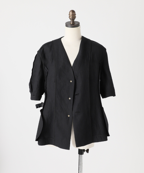 L'ESSAGE レサージュ リネンジャケット ピケリネンノーカラー