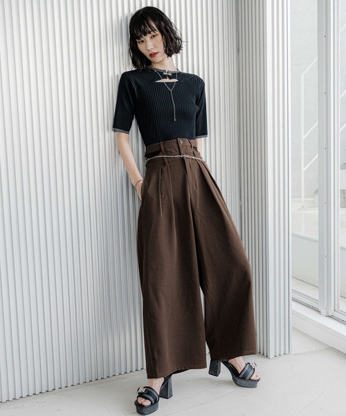 ♥️L'HOTEL♥️ウエストリボンタックパンツ♥️M♥️ワイン♥️ andme スラックス パンツ きれいめツイル美脚ウエストリボン