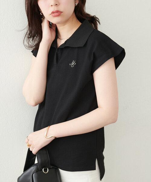 natural couture(ナチュラルクチュール)の「刺繍入りフレンチスリーブポロシャツ(Tシャツ/カットソー・レディース・ピンク/ベージュ/オフホワイト/グレー/ブラック・FREE)」の1枚目の写真