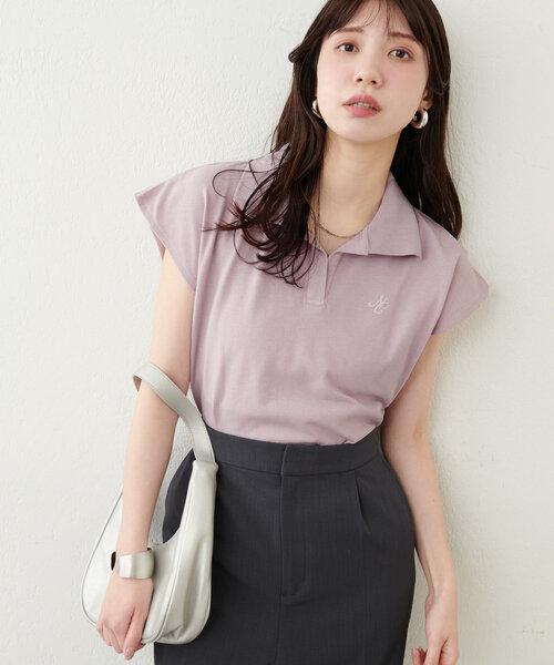 natural couture(ナチュラルクチュール)の「刺繍入りフレンチスリーブポロシャツ(Tシャツ/カットソー・レディース・ピンク/ベージュ/オフホワイト/グレー/ブラック・FREE)」の9枚目の写真