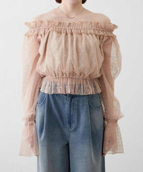 セール】[mline]スパンコール チュールブラウス（シャツ