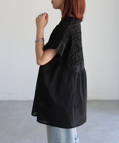 ブラウス シャツ インド綿スモッキング刺繍フレアブラウス レディース Riberry ブラウス シャツ インド綿スモッキング刺繍フレア