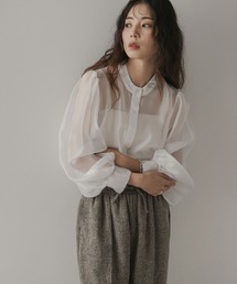バンドカラーボリューム袖シアーシャツ【体系カバー】【冷房対策】【紫外線対策】