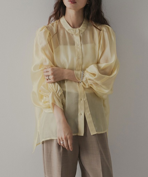 バンドカラーボリューム袖シアーシャツ【体系カバー】【冷房対策