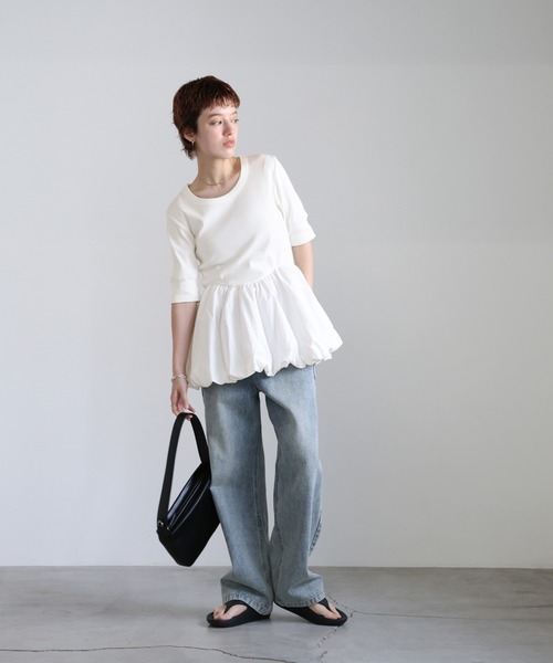 select MOCA（セレクトモカ）の「ハーフスリーブバルーントップス（Tシャツ/カットソー・レディース・チャコールグレー/オフホワイト/ブラック・FREE）」の8枚目の写真