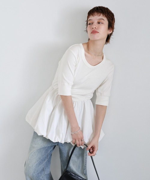 select MOCA（セレクトモカ）の「ハーフスリーブバルーントップス（Tシャツ/カットソー・レディース・チャコールグレー/オフホワイト/ブラック・FREE）」の7枚目の写真