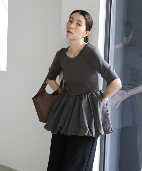 select MOCA（セレクトモカ）の「ハーフスリーブバルーントップス（Tシャツ/カットソー・レディース・チャコールグレー/オフホワイト/ブラック・FREE）」の13枚目の写真