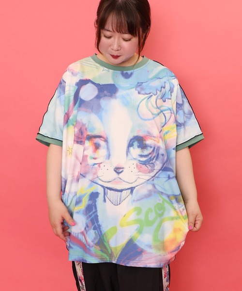 scolar スカラー　152678：BIGネコ柄メロウステッチチュニック セール】152678：BIGネコ柄メロウステッチチュニック