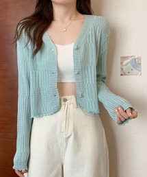 透かし編みニットカーディガンクショート丈 冷房対策 薄手 春夏 大人可愛さマックス ショート丈 透かしランダムリブVネック オフィスカジュアル きれいめカジュアル