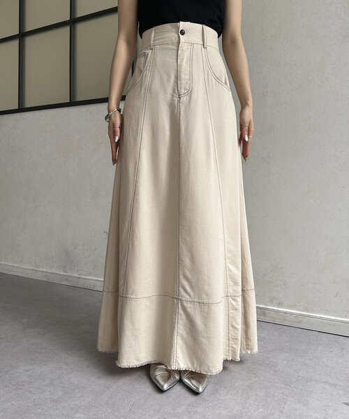 Thevon（ゼボン）の「配色ステッチハイウエストフレアスカート（スカート・レディース・チャコールグレー/ブラウン/ベージュ・S/M）」の7枚目の写真