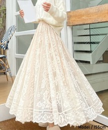 レース ロングスカート 花柄 オフィスカジュアル きれいめカジュアル Aライン フレア 韓国