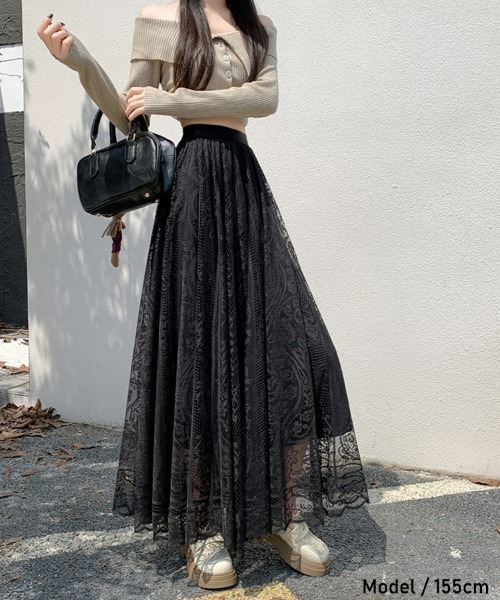 SEU（エスイーユー）の「レース ロングスカート 花柄 オフィスカジュアル きれいめカジュアル Aライン フレア 韓国（スカート・レディース・ブラック/ベージュ/ホワイト・フリー）」の4枚目の写真